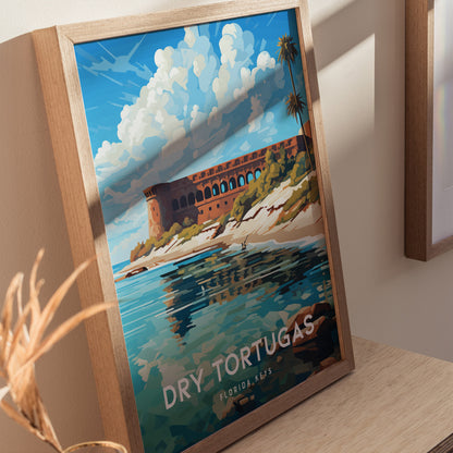 A framed poster of Dry Tortugas, Florida Keys, features Fort Jefferson against a vibrant blue sky with clouds and turquoise waters. The artwork is displayed on a wooden surface.