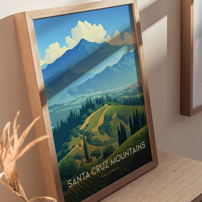 Framed poster depicting the Santa Cruz Mountains with lush vineyards and rolling hills under a bright blue sky, featuring the text Santa Cruz Mountains, California.