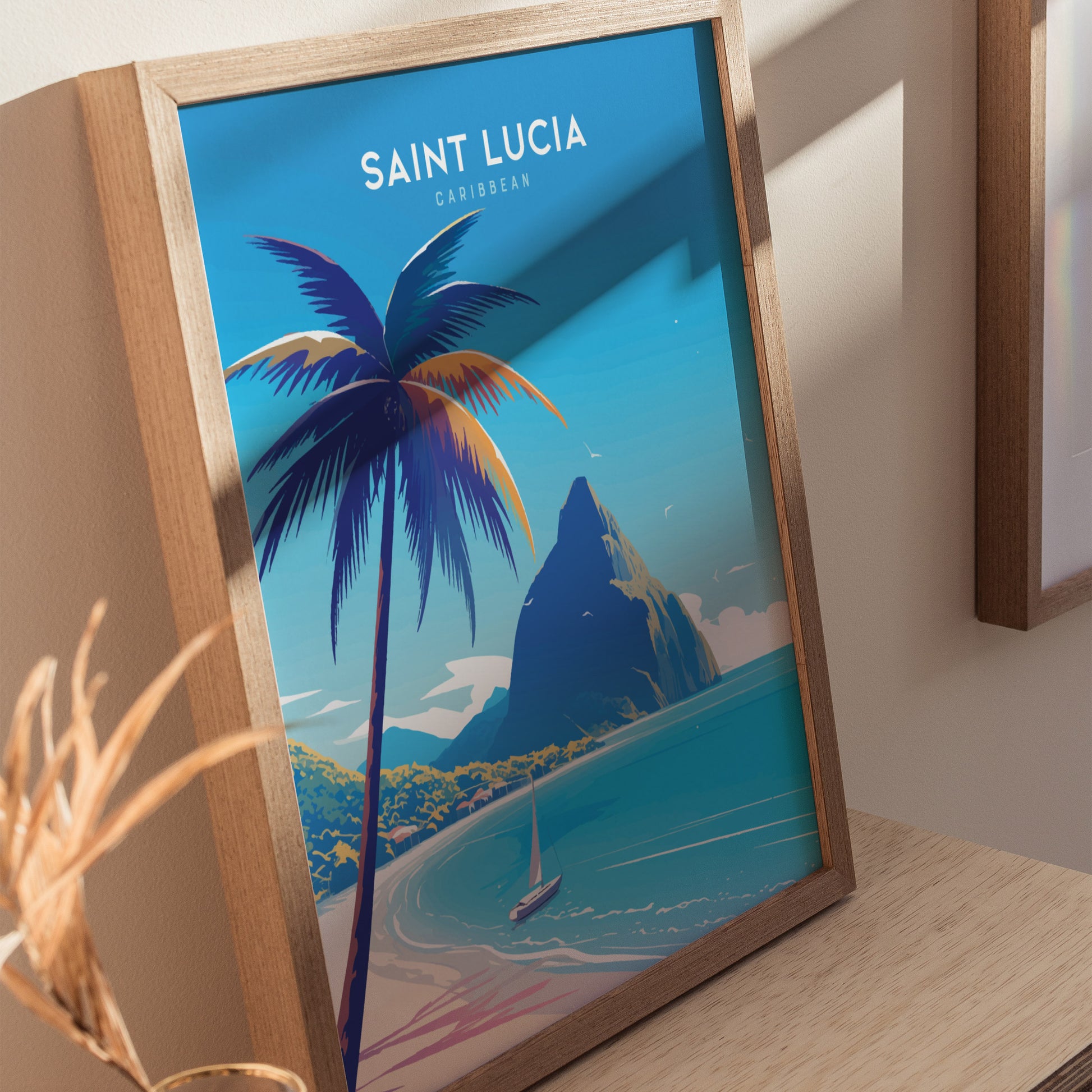 Framed poster of Saint Lucia featuring a vibrant tropical scene with a palm tree, sailboat, and the iconic Pitons under a clear blue sky.