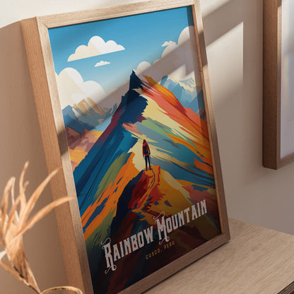 A vibrant framed print titled Rainbow Mountain depicts a colorful mountain landscape in Cusco, Peru. A lone figure stands atop a ridge, surrounded by bold, swirling colors representing the mountains unique terrain under a bright blue sky.