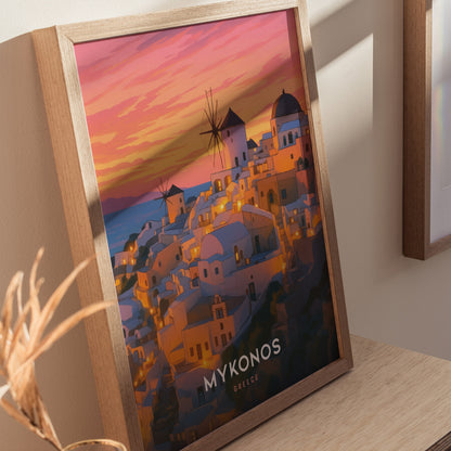 Mykonos Travel Poster | Greek Island Sunset Wall Art Print