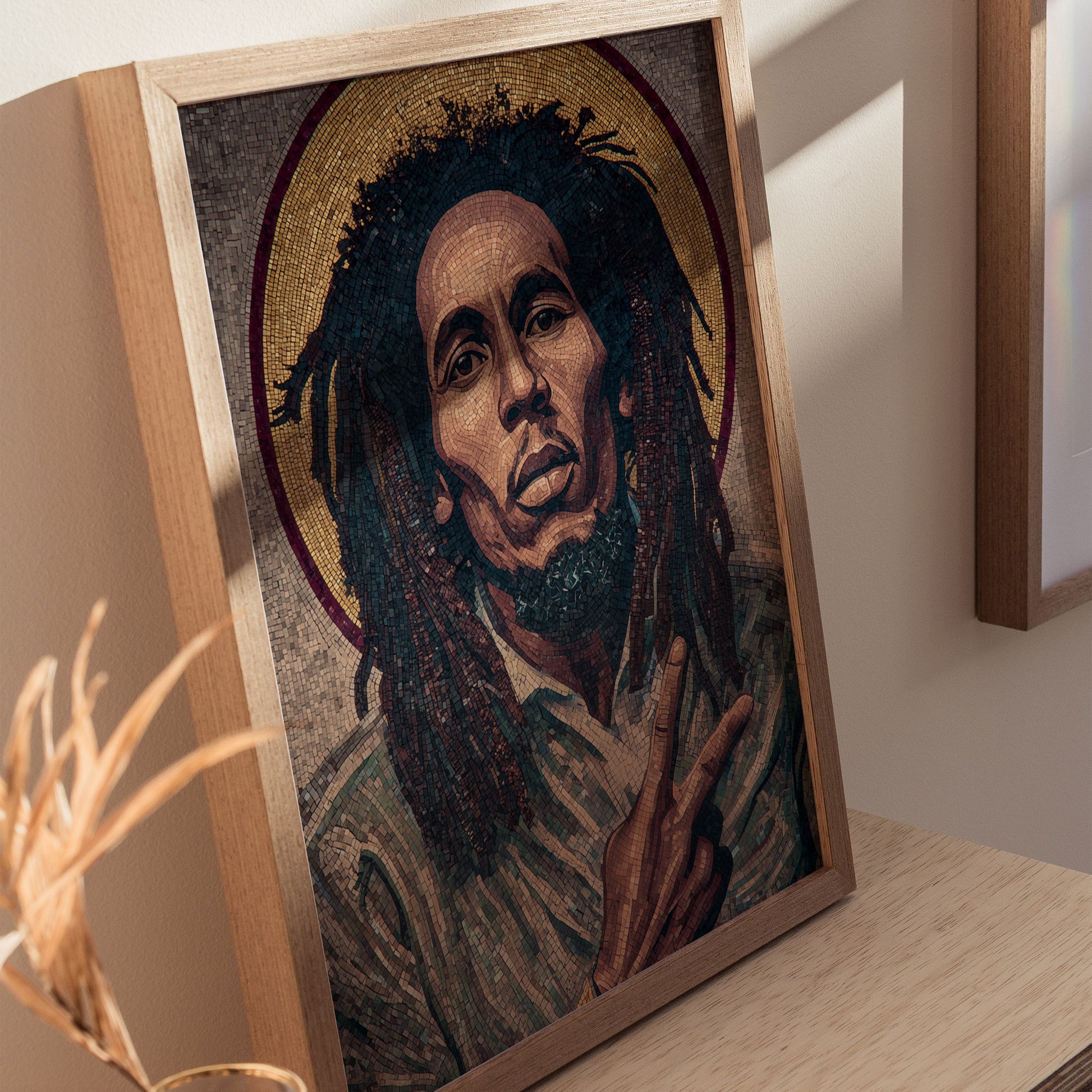 A framed art print of a man with long, curly hair and a serene expression is displayed on a wooden shelf. The image features vibrant colors and intricate details, highlighting the subjects peace sign gesture against a textured background.