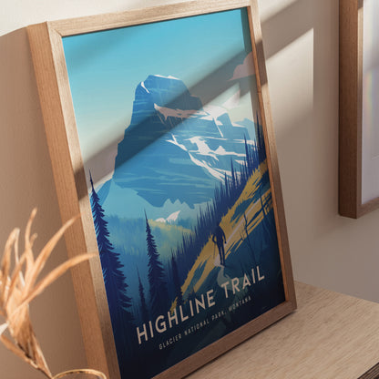 A framed poster of the Highline Trail in Glacier National Park, featuring a hiker silhouette against a backdrop of mountains and pine trees under a clear blue sky.