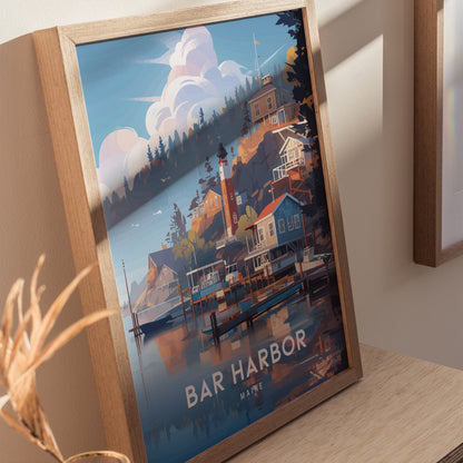 Framed poster depicting a colorful illustration of Bar Harbor, Maine, featuring coastal houses, a lighthouse, and serene waters under a partly cloudy sky.