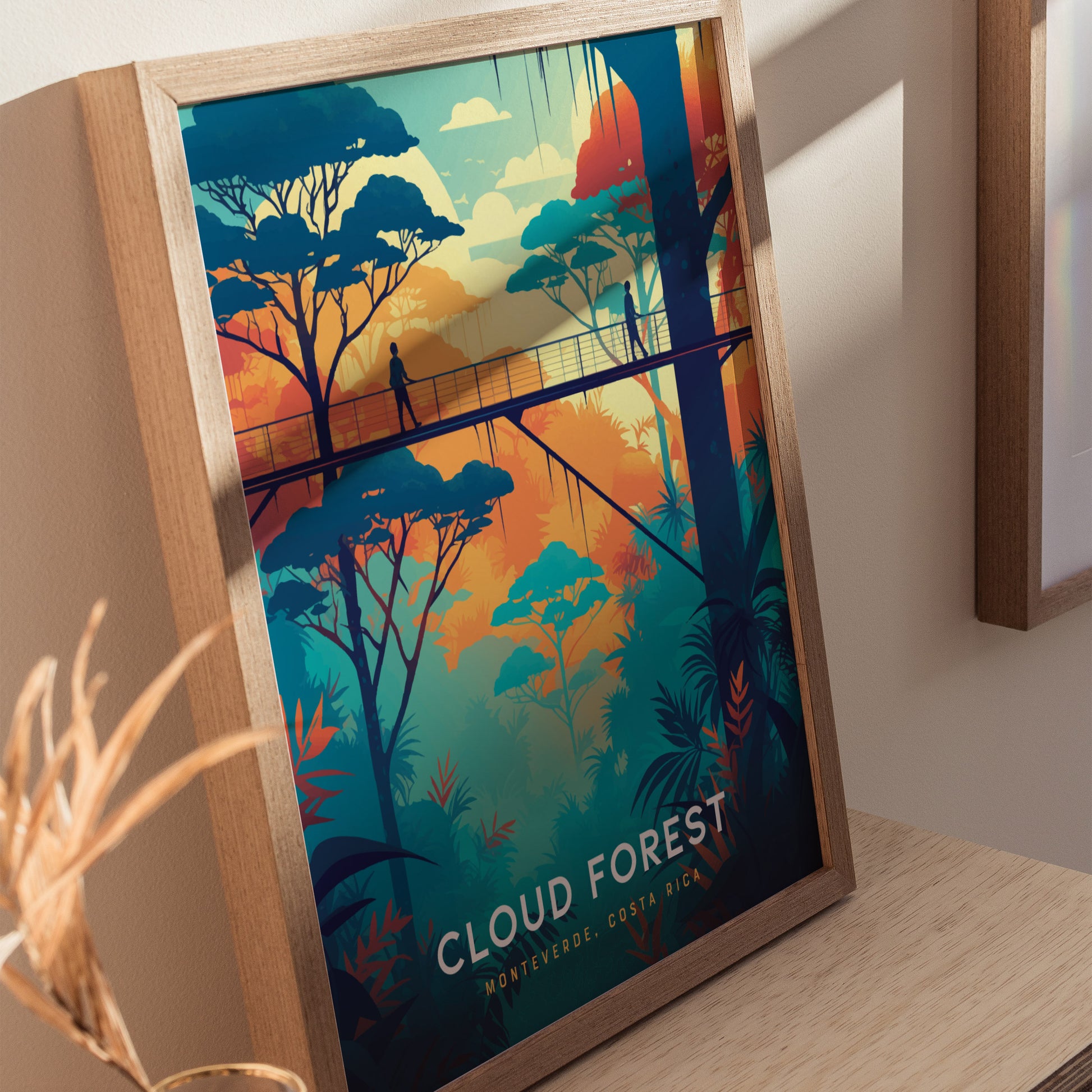 Framed poster featuring an illustration of the Selvatura Canopy Walkway in a vibrant, colorful forest setting with silhouettes of people walking. The text reads Cloud Forest, Monteverde, Costa Rica.