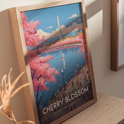 Framed poster featuring a vibrant illustration of Washington D.C.s cherry blossoms in full bloom around a water body, with the Washington Monument in the background. People are strolling along the path, enjoying the scenic view.