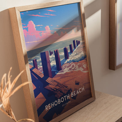 Framed poster depicting a vibrant sunset over the ocean, with wooden posts along a sandy beach, titled Rehoboth Beach, Delaware. The artwork features pink clouds and gentle waves.