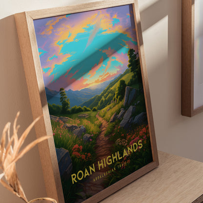 Framed artwork depicting a scenic trail winding through lush green hills under a vibrant, colorful sky. Text at the bottom reads Roan Highlands Appalachian Trail.