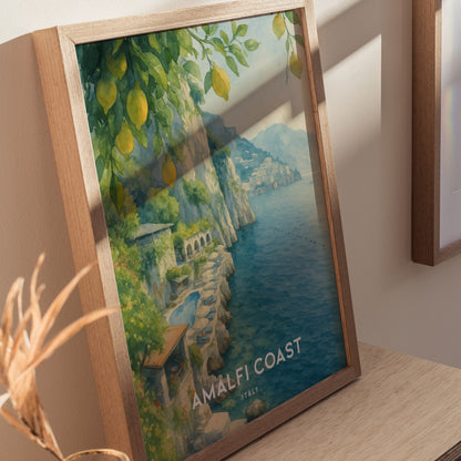 Amalfi Coast Italy Watercolor Travel Print | Hotel Santa Caterina Wall Art Poster | Framed or Unframed