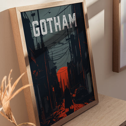 A framed poster depicting a dark, atmospheric alleyway in Gotham City with the silhouette of a figure in a cape. The word GOTHAM is prominently displayed at the top, with red and gray tones highlighting the noir style.