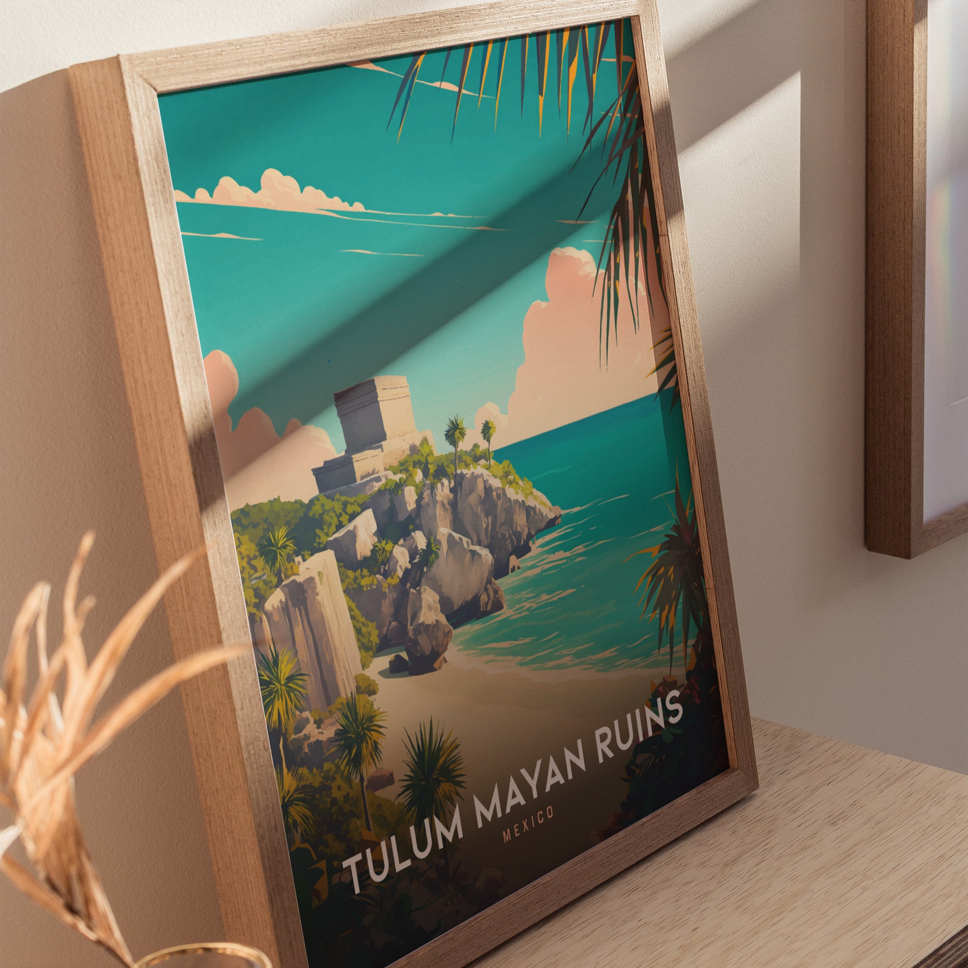 Framed poster depicting Tulum Mayan Ruins with El Castillo temple on cliffs, overlooking turquoise waters and palm trees, titled Tulum Mayan Ruins Mexico in a modern setting.