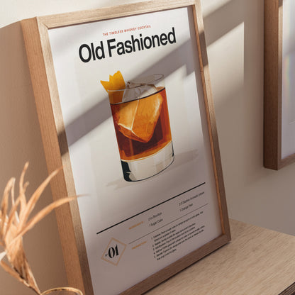 Framed poster of an Old Fashioned cocktail on a wooden surface, featuring a detailed illustration of the drink with ice and an orange peel, alongside the recipe.
