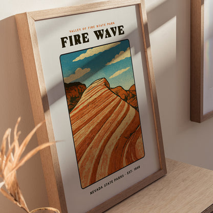 Fire Wave Valley of Fire Block Print | Vintage Nevada State Park Desert Wall Art | Framed or Unframed