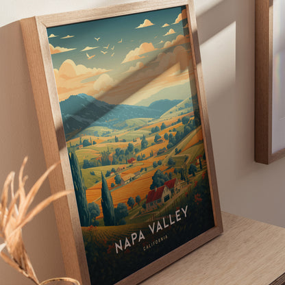 Framed Napa Valley travel poster showcasing rolling vineyards, tree-lined hills, and a warm sunset sky. The artwork is displayed on a wooden surface, adding a rustic touch.