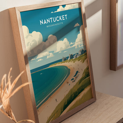 Framed poster featuring a scenic illustration of Nantucket, Massachusetts, showcasing a sandy beach, ocean waves, and coastal cottages under a partly cloudy sky.