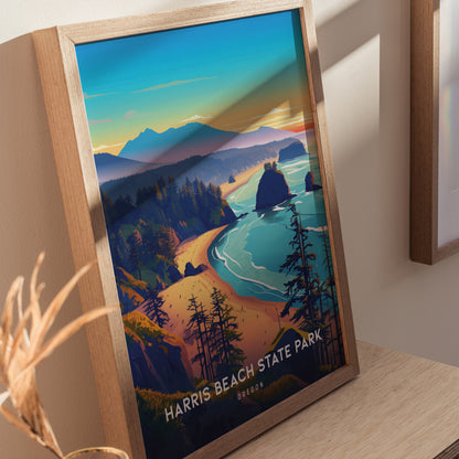 Framed artwork depicting Harris Beach State Park with vibrant cliffs, forested coastline, and sea stacks under a colorful sky. The poster rests on a wooden surface, casting shadows.