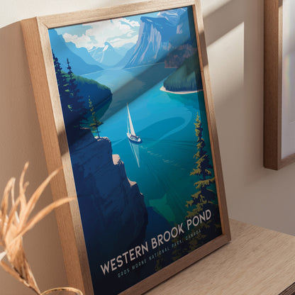 Framed poster depicting a sailboat navigating a serene fjord, surrounded by towering cliffs and lush greenery, with Western Brook Pond, Gros Morne National Park, Canada text at the bottom.