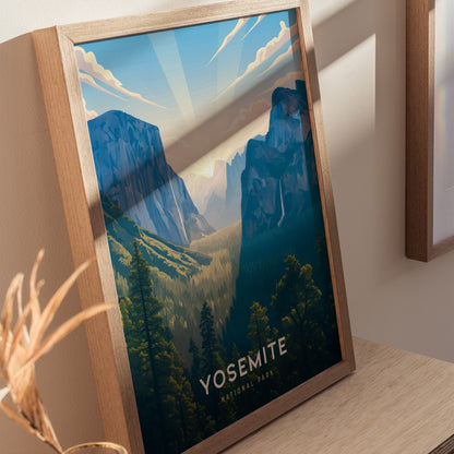Framed Yosemite National Park poster on a wooden surface with a blurred background