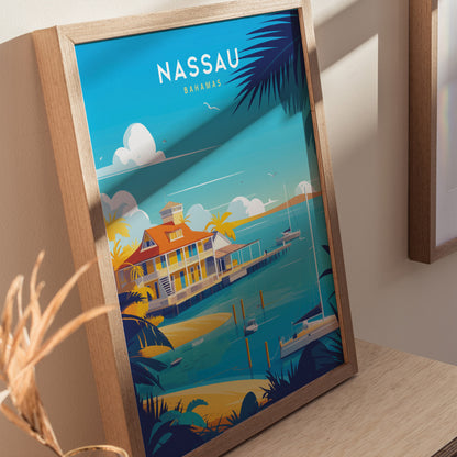 Framed Nassau Bahamas poster featuring a vibrant illustration of a tropical beach scene with palm trees, a colorful house, and turquoise water under a clear blue sky.