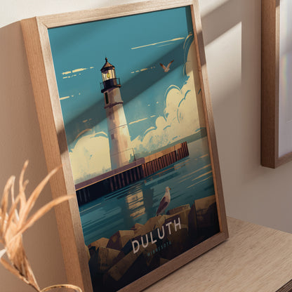 Framed poster featuring an illustrated lighthouse with a seagull perched on rocks, set against a vibrant blue sky and water, labeled Duluth, Minnesota.