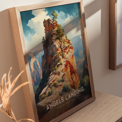 Wooden-framed poster of Angels Landing with a vibrant depiction of the sandstone ridge and canyon, adorned with scattered trees under a blue sky with clouds.