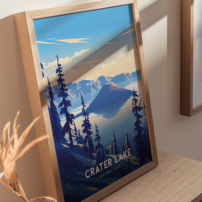 A framed poster of Crater Lake National Park with colorful illustrations of the lake, surrounding trees, and mountains, reflecting serene blues.