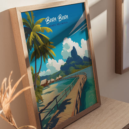 Framed artwork depicting a tropical scene with palm trees, overwater bungalows, a wooden walkway, and turquoise waters under a blue sky, labeled Bora Bora French Polynesia.
