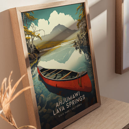 A framed poster featuring a red canoe on a calm lake, with distant mountains and trees reflected in the water, titled Ahjumawi Lava Springs State Park, California.
