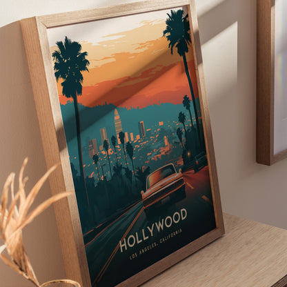 A framed poster features a stylized view of Los Angeles with palm trees, a classic car, and a sunset skyline, labeled Hollywood Los Angeles, California.