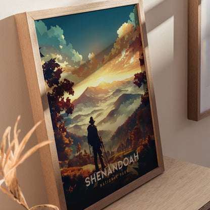 A framed Shenandoah National Park poster depicts a silhouetted figure overlooking vibrant mountains and a colorful sky, capturing the scenic beauty of the Blue Ridge Mountains.