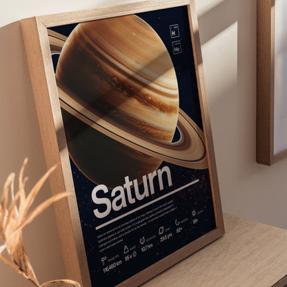 Framed Saturn poster depicting the planet with its iconic rings, surrounded by educational facts about its diameter, mass, and composition. Displayed on a wooden surface with soft lighting.