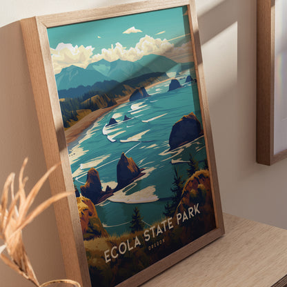 Framed illustration of Ecola State Park, showcasing vibrant green headlands and rugged cliffs overlooking the blue Pacific Ocean. The poster is displayed on a wooden surface.