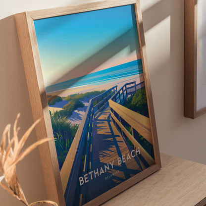 Framed poster depicting Bethany Beach, Delaware, shows a wooden boardwalk leading to dunes and the ocean under a blue sky, with shadows cast on the artwork.