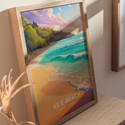 Keʻe Beach Poster – Kauai Hawaii Art Print, Sunset Coastal Wall Art, Framed or Unframed, Tropical Ocean Decor, Gift for Island Lovers