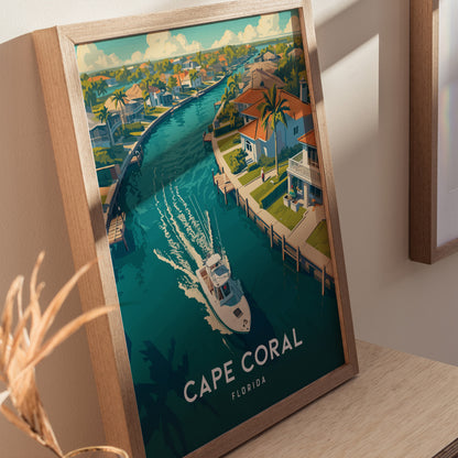 A framed poster depicts a scenic view of Cape Coral, Florida, showcasing a boat navigating through a canal lined with colorful houses and palm trees.