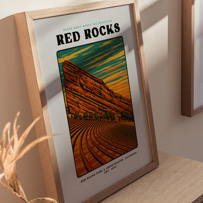 Red Rocks Amphitheatre Poster | Vintage Colorado Block Print Art