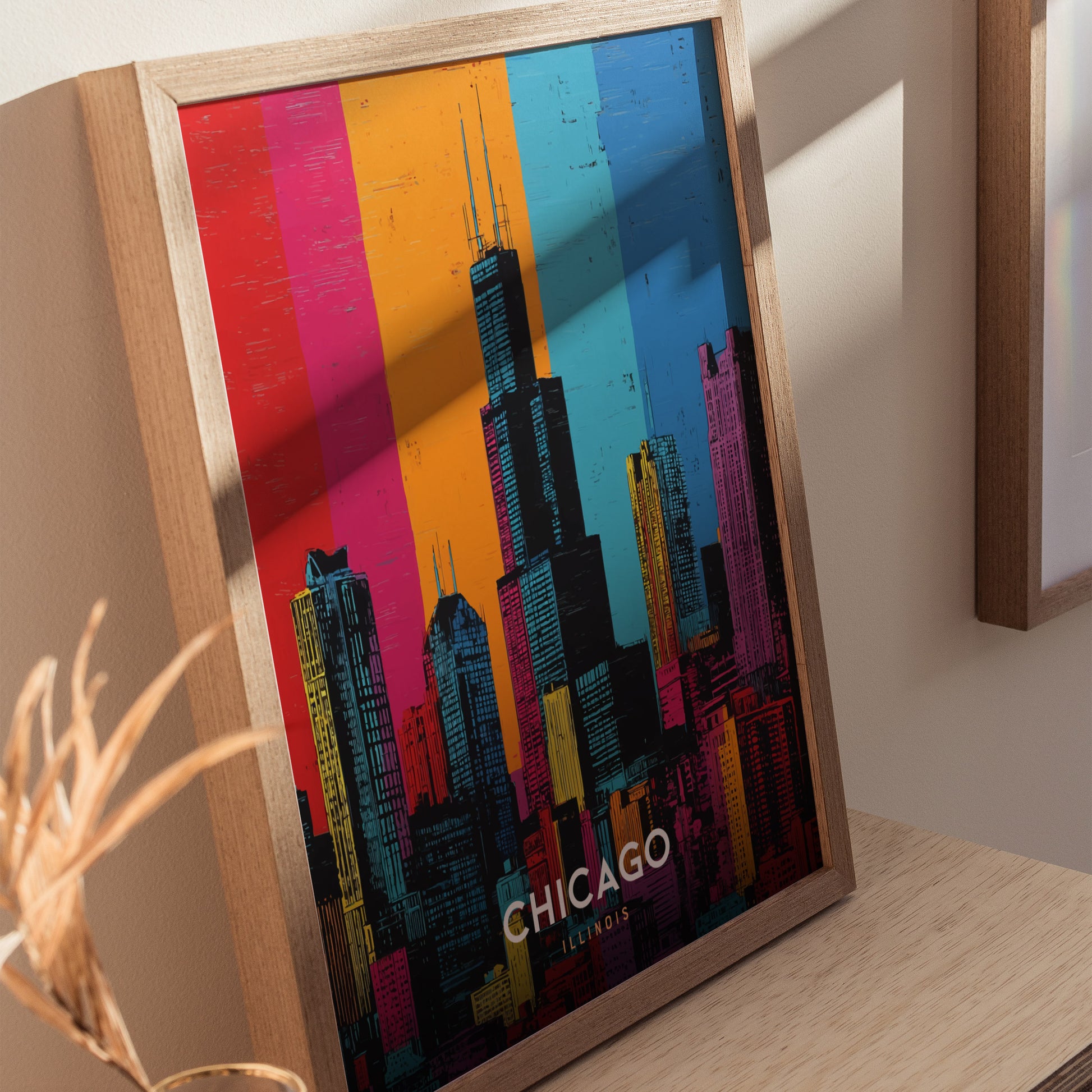 Chicago Skyline Pop Art Poster | Warhol Style Illinois Travel Print | Framed or Unframed