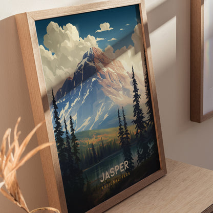 Framed poster of Jasper National Park featuring a mountain landscape with pine trees, clouds, and a serene lake, set on a wooden shelf.