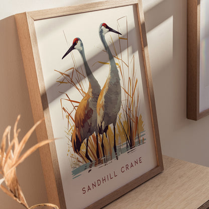 Framed artwork depicting two sandhill cranes standing amidst tall grasses, rendered in earthy tones. The image is displayed on a wooden surface with soft natural lighting.