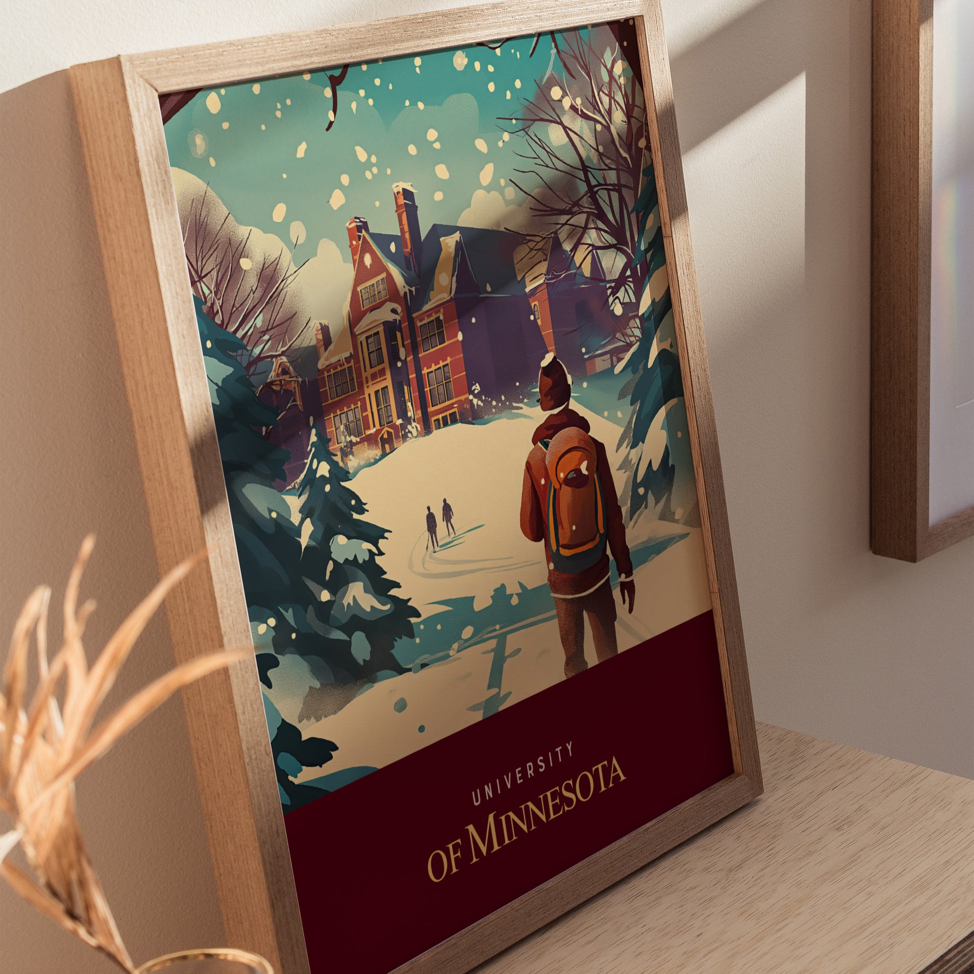 A framed illustration depicts a snowy University of Minnesota campus scene, featuring a student with a backpack, evergreen trees, and a historic building under a snowfall.