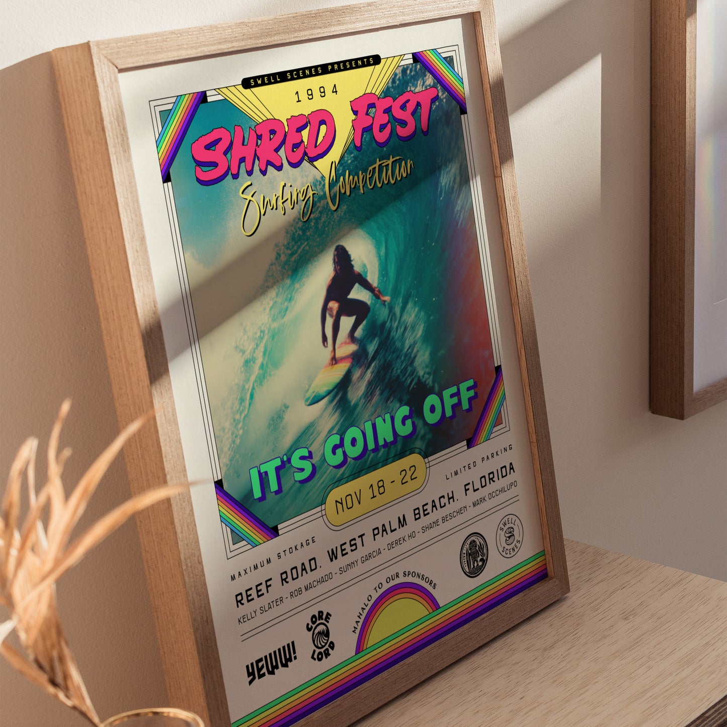 Vibrant vintage surfing poster featuring a neon-colored surfer riding a wave at Shred Fest 1994, perfect for surf decor and gifts.