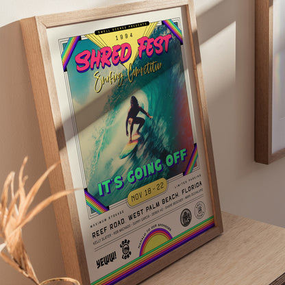 Vibrant vintage surfing poster featuring a neon-colored surfer riding a wave at Shred Fest 1994, perfect for surf decor and gifts.