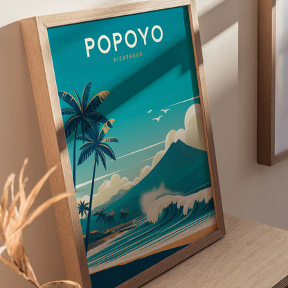 Framed artwork depicting a vibrant coastal scene with palm trees, ocean waves, and a mountain under a blue sky. The text Popoyo Nicaragua is prominently displayed at the top.