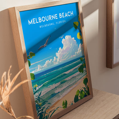 Framed poster of Melbourne Beach, Florida, featuring a vibrant ocean scene with waves, clouds, and a seagull in flight, set against a wooden surface.