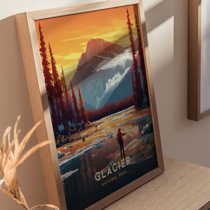 Framed artwork depicting Glacier National Park features a vibrant landscape with towering mountains, evergreen trees, and a reflective lake. The warm sunset sky enhances the serene natural beauty.