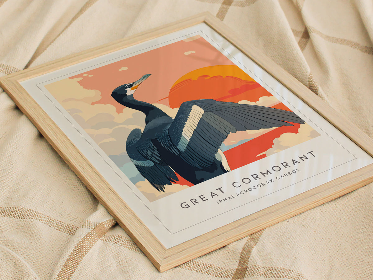 Great Cormorant, Phalacrocorax carbo Poster | Elegant Coastal Bird Wall Art — styled in a modern interior