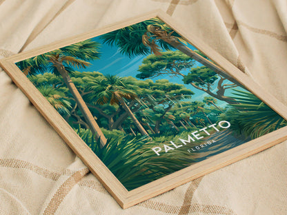 Palmetto, Florida Poster | River Town & Palms Coastal Wall Art — styled in a modern interior