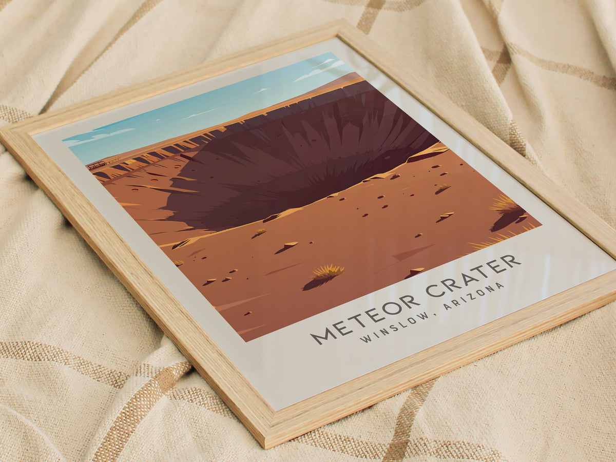 Meteor Crater Matte Border Poster | Winslow, Arizona Destination Print — styled in a modern interior