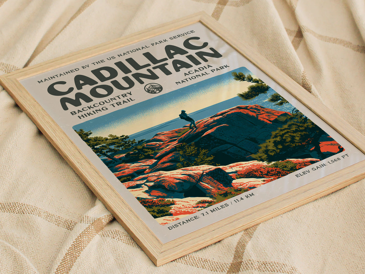 Cadillac Mountain, Acadia National Park Poster | Hiker Gift | Backcountry Trail Block Print Wall Art — styled in a modern int
