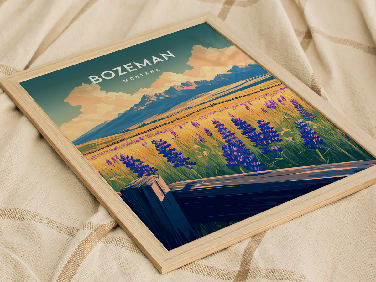 Bozeman, Montana Poster | Mountain Valley Adventure Wall Art — styled in a modern interior